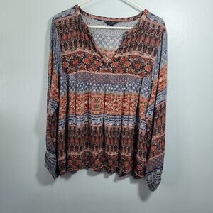 Lucky Brand Long Sleeve Bohemian Floral Pattern Peasant Blouse Size L 32826-1322